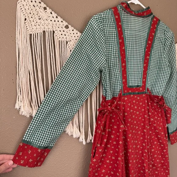 Vintage Gunne Sax Prairie dress Red Green Gingham Floral - Picture 6 of 13